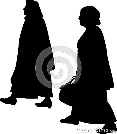 Two old ladies with chador, walking bodies silhouette Cartoon Illustration