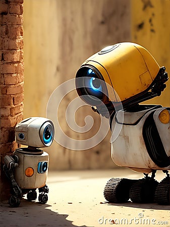 Old robot takes care of small robot friendly, generative ai Stock Photo