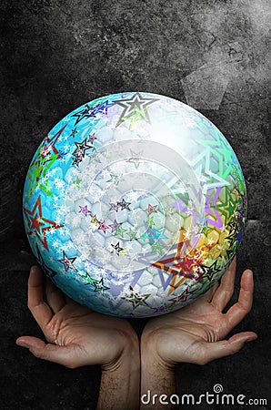 Two open hands up facing a large sphere with colorful abstract surface with stars. Cartoon Illustration