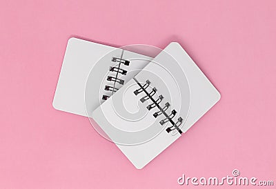 Two open notebooks on a pink background, top view Stock Photo
