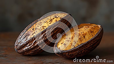 Two opened cocoa pods with yellow pulp, resting on a rustic surface Stock Photo