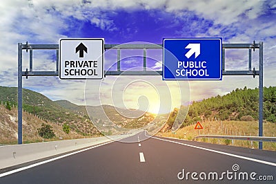 Two options Private School and Public School on road signs on highway Stock Photo