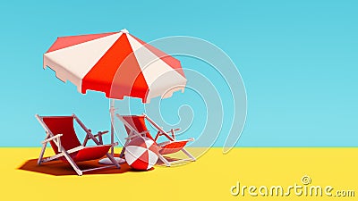 Two orange beach chairs with parasol on blue summer background Stock Photo