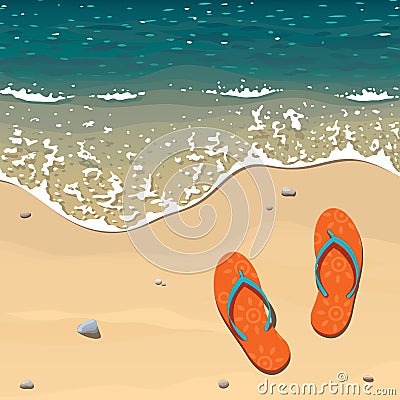 Two orange beach slippers on a sandy beach near the edge of the surf Stock Photo