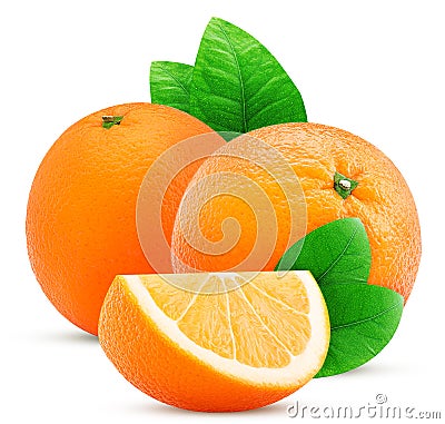 Two orange fruit and slice with leaf Stock Photo