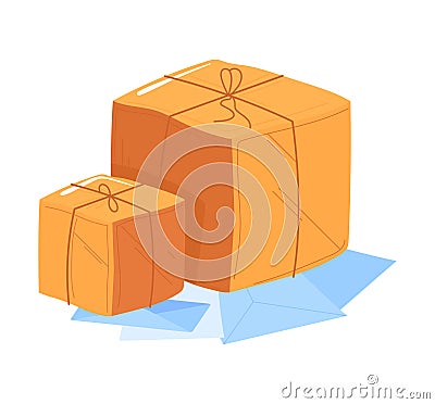 Two orange parcels tied with string on a pale blue floor. Delivery packages with secure binding vector illustration Cartoon Illustration