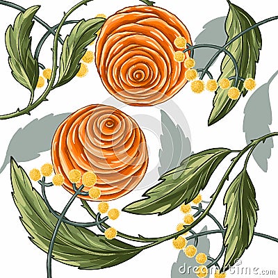 Two orange rose flowers, with yellow flowers, with green leaves Cartoon Illustration