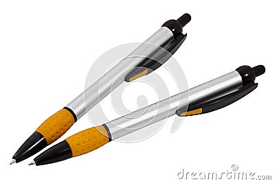 Two Orange, Silver and Black Ballpoint Pens on Whi Stock Photo