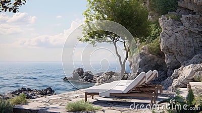 Two outdoor lounge chairs next to sea Stock Photo