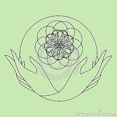 Two outline hands holding mandala flower Vector Illustration