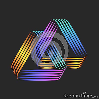 Two overlapping triangles logo vibrant geometric optical illusion with colorful twisted thin parallel lines forming an infinite Vector Illustration