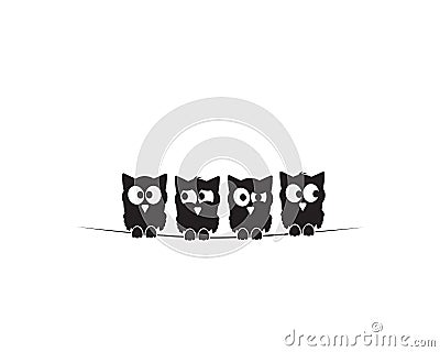 Four owls silhouettes on wire. Funny illustration, vector, cartoon, children wall decals, kids wall artwork Vector Illustration