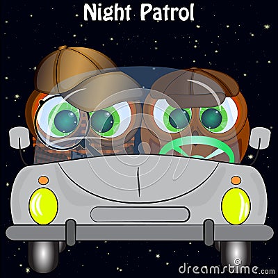 Two owls in the car. night patrol. Vector Illustration