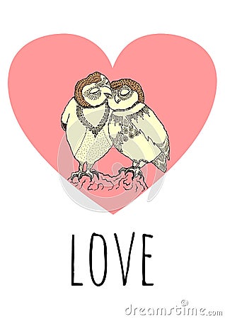 Two owls in love hand drawn with a pink heart on the background with a word love Stock Photo