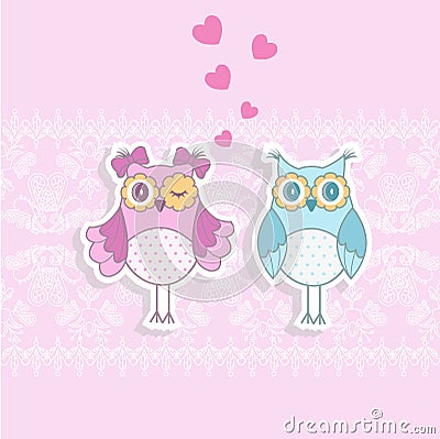 Two owls in love on a pink background Vector Illustration