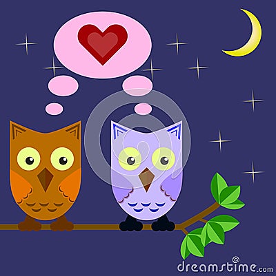 Two owls in love sitting on a tree branch in the night sky Vector Illustration