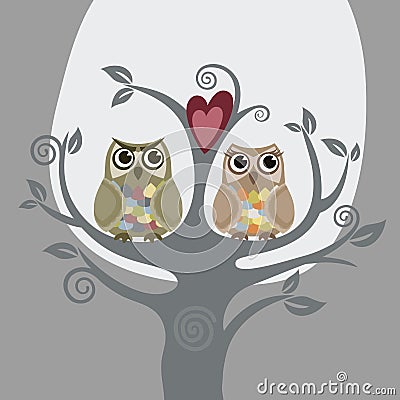 Two owls and love tree Vector Illustration