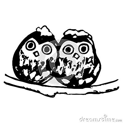 Two owls. Sitting on a branch in winter (abstraction) Vector Illustration