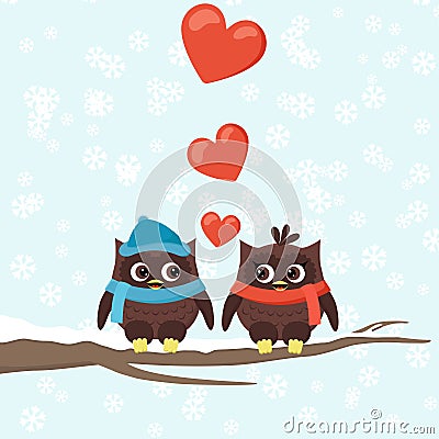 Two owls on tree branches with hearts Vector Illustration