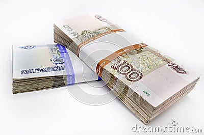 Two packs of 100 pieces banknotes 100 one hundred fifty rubles and 50 roubles banknotes of Bank of Russia Stock Photo