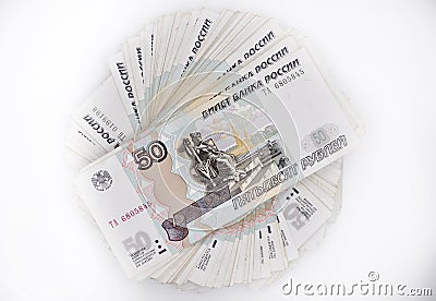 Two packs of 100 pieces banknotes 100 one hundred fifty rubles and 50 roubles banknotes of Bank of Russia Stock Photo