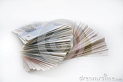 Two packs of 100 pieces banknotes 100 one hundred fifty rubles and 50 roubles banknotes of Bank of Russia Stock Photo