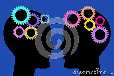 Two painted silhouette heads facing each other with colorful gears isolated on blue background. Think and communication concept. Cartoon Illustration