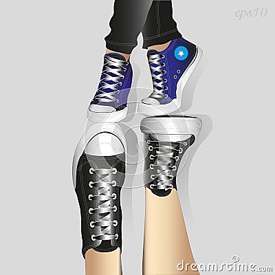 Two pairs of legs in sneakers Vector Illustration