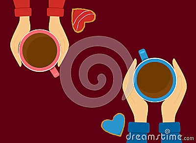 Two pairs of male and female hands are holding cups of coffee and a number of gingerbreads in the form of hearts. Vector Illustration