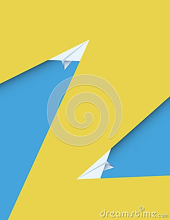 Two paper planes flying in opposite directions on yellow background. Symbol of freedom, success. Vector Illustration