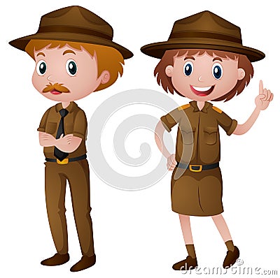 Two park rangers in brown uniform Vector Illustration