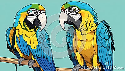 Two parrots with blue and yellow feathers sitting on a branch Stock Photo