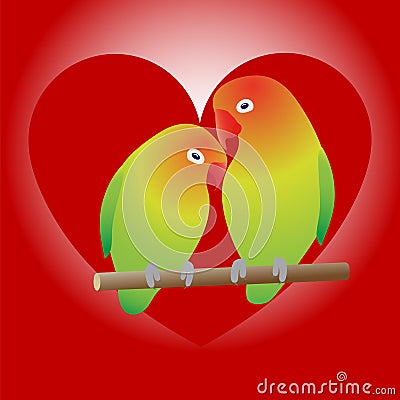 Two parrots on branch and heart. Vector Illustration