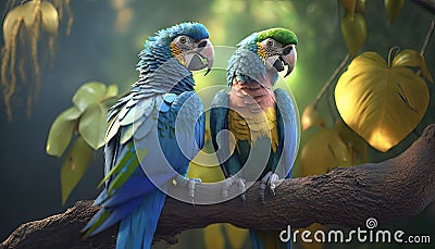 A pair of vibrant blue and yellow parrots rest on a tree branch. Generative AI Stock Photo
