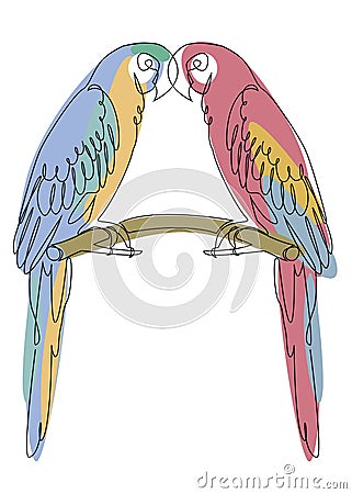 Two parrots are sitting on a twist. Enamored birds in one line modern style. Solid line, outline for decor, posters, stickers, log Vector Illustration