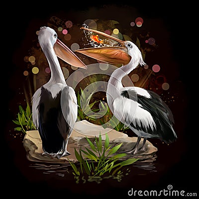 Two pelicans and a fish in its beak Stock Photo