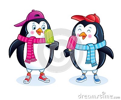 Two Cute Penguins With Fruit Ice Pops Vector Illustration