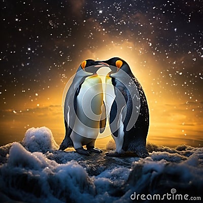 Two penguins. King penguin couple cuddling wild nature green background. Two penguins making love. in the grass Cartoon Illustration