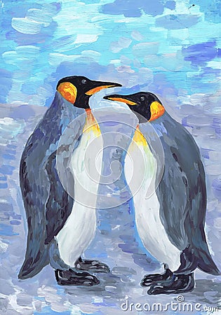 Two penguins look at each other. Children`s drawing Stock Photo