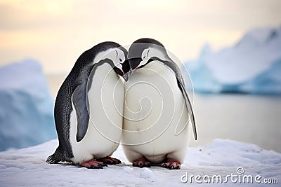 Two Penguins Nuzzle In Snow. Love, Care, and Support. Wildlife and Valentines Day. AI Generated Stock Photo