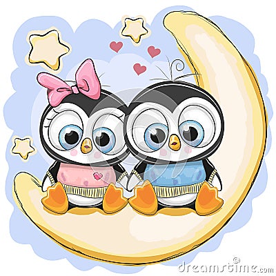 Two Penguins is sitting on the moon Vector Illustration
