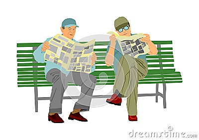 Two pensioners read newspapers on the bench in park. Vector illustration isolated on white background. Cartoon Illustration