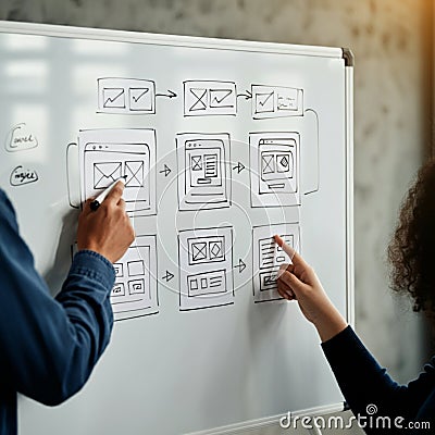 Two people collaborate in front of a whiteboard diagram depicting a user interface (UI) design workflow. Stock Photo