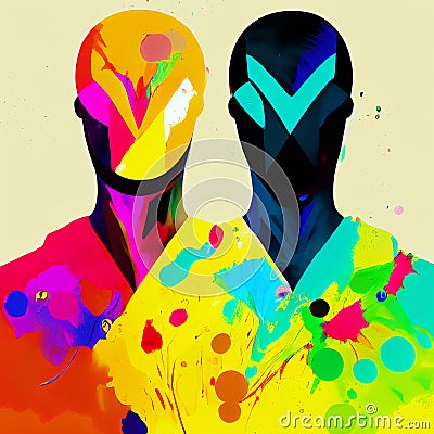 Two people in colorful splashes. Two multicolor silhouettes. Stylized bright portrait of people. AI-generated Stock Photo