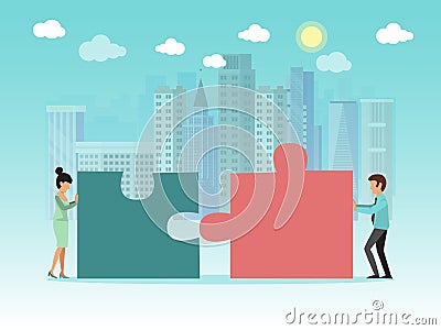 Two people connecting puzzle elements vector illustration. Teamworks puzzle cooperation. Business people pushing huge Vector Illustration