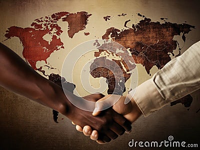 Two people of different ethnicities shaking hands over a world map.. AI generation Stock Photo