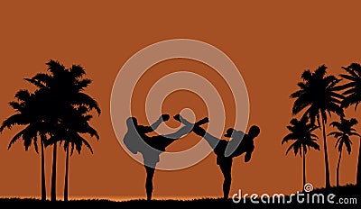 Two people engaged in martial arts on the beach. Vector Illustration