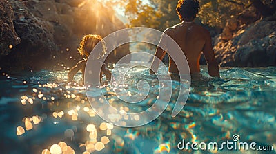 Two people enjoying the natural hot springs. Back view, golden hour sunlight with bokeh effect Stock Photo