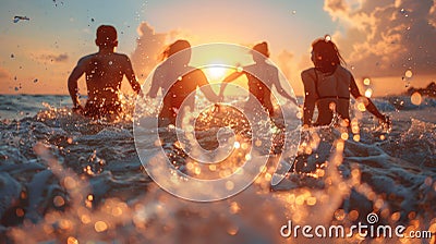 Two people enjoying the natural hot springs. Back view, golden hour sunlight with bokeh effect Stock Photo