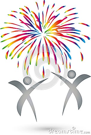 Two people and fireworks, people and celebration logo Stock Photo